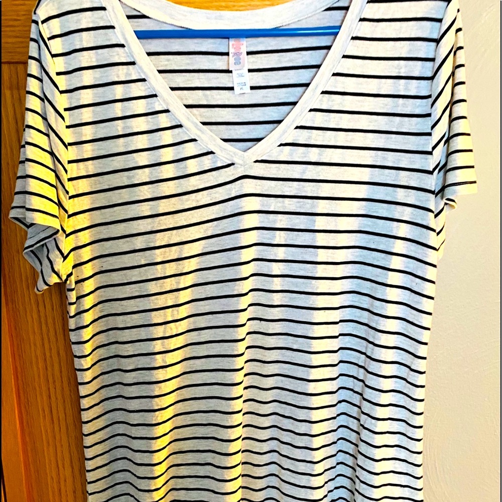 Lularoe heathered grey and black striped Christy t